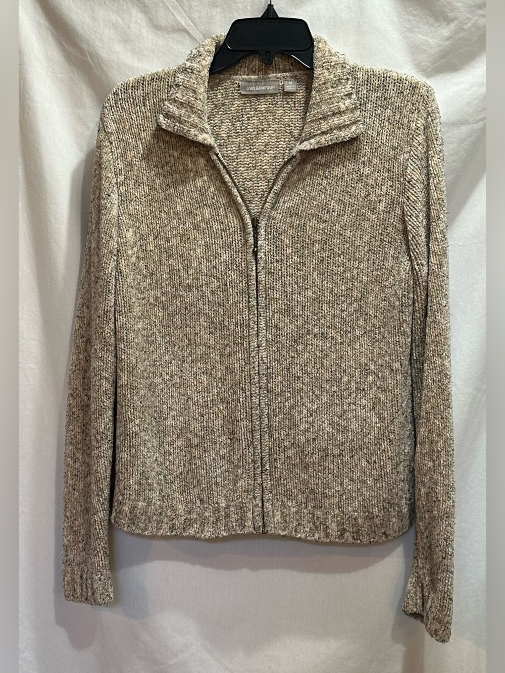 Women's Zip-Front Heathered Beige cardigan.